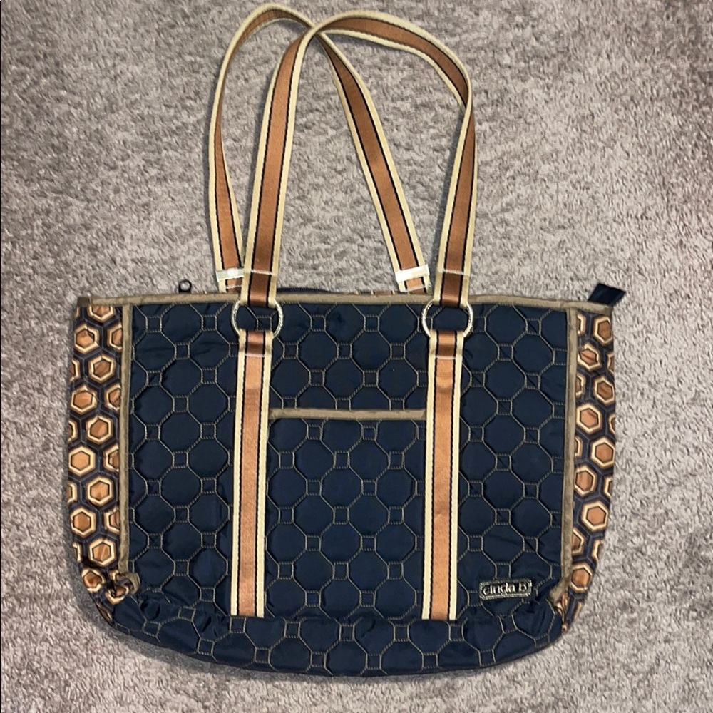 Cinda B Blue and Tan Tote Bag with Structured Design